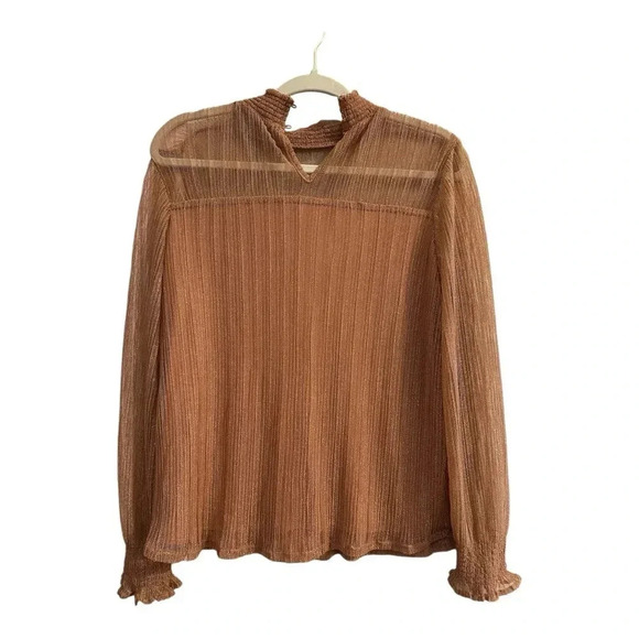 NWT Adrianna Papell Metallic Smocked Neck Knit Top in GoldRust / Size Small - Picture 4 of 8